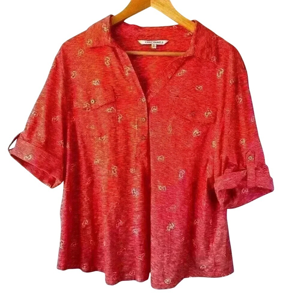 Emily Daniels Red Roll Tab Sleeve V Neck Novelty Flip Flop Sun Glass Top Size 1X